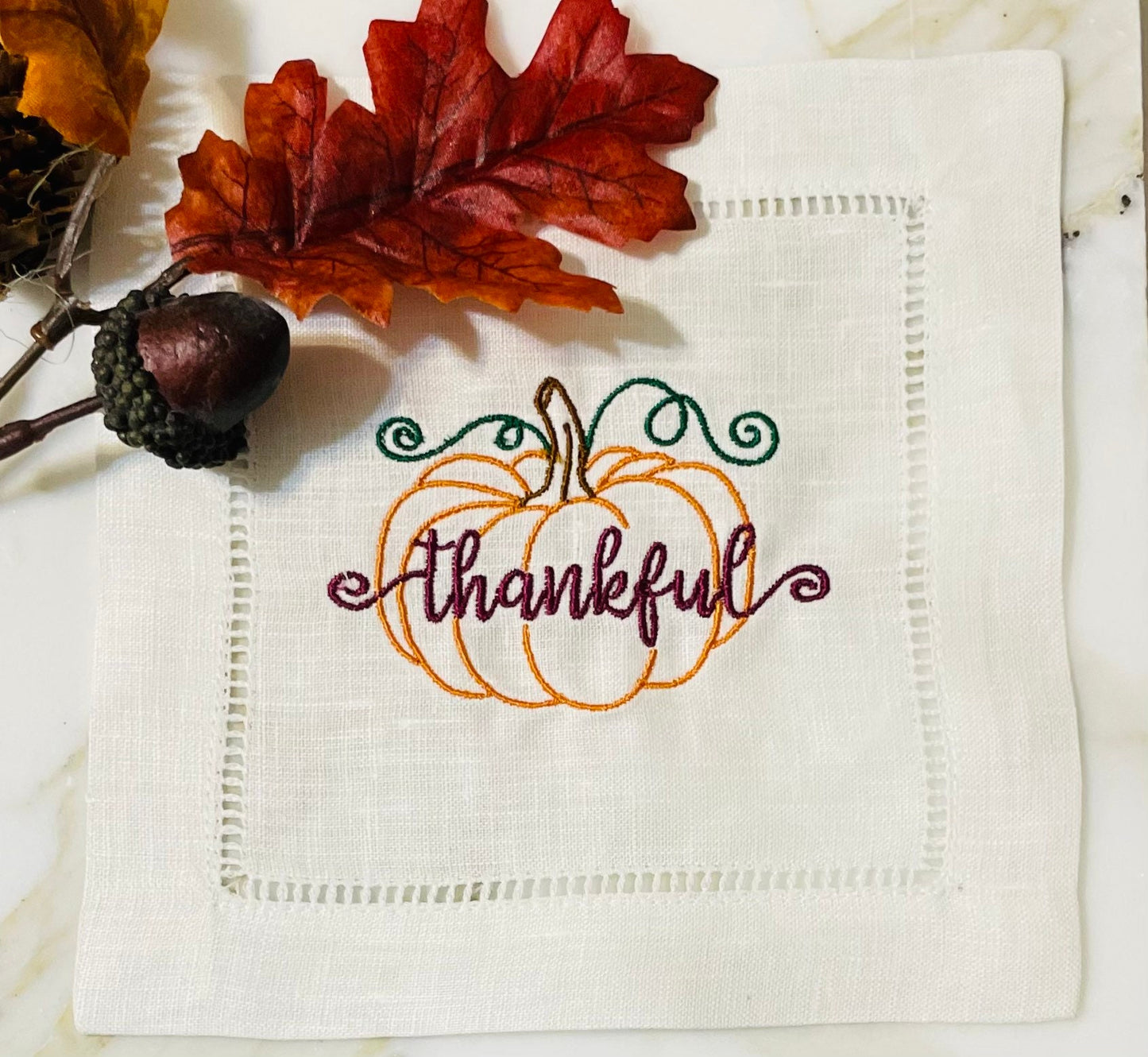 Thanksgiving Embroidered Linen Beverage Cocktail Napkins | Set of 4 | Hostess Gift | Home Décor | Cloth Napkin  | Bar Cart | Table Setting