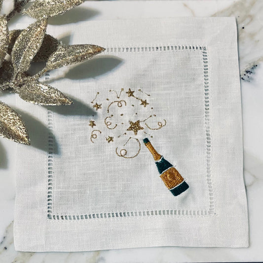 Linen Champagne Bottle Embroidered Cocktail Napkin | Set of 4 | Hostess Gift | Cloth Coaster | Elegant Home Décor | Bar Cart | Table Setting