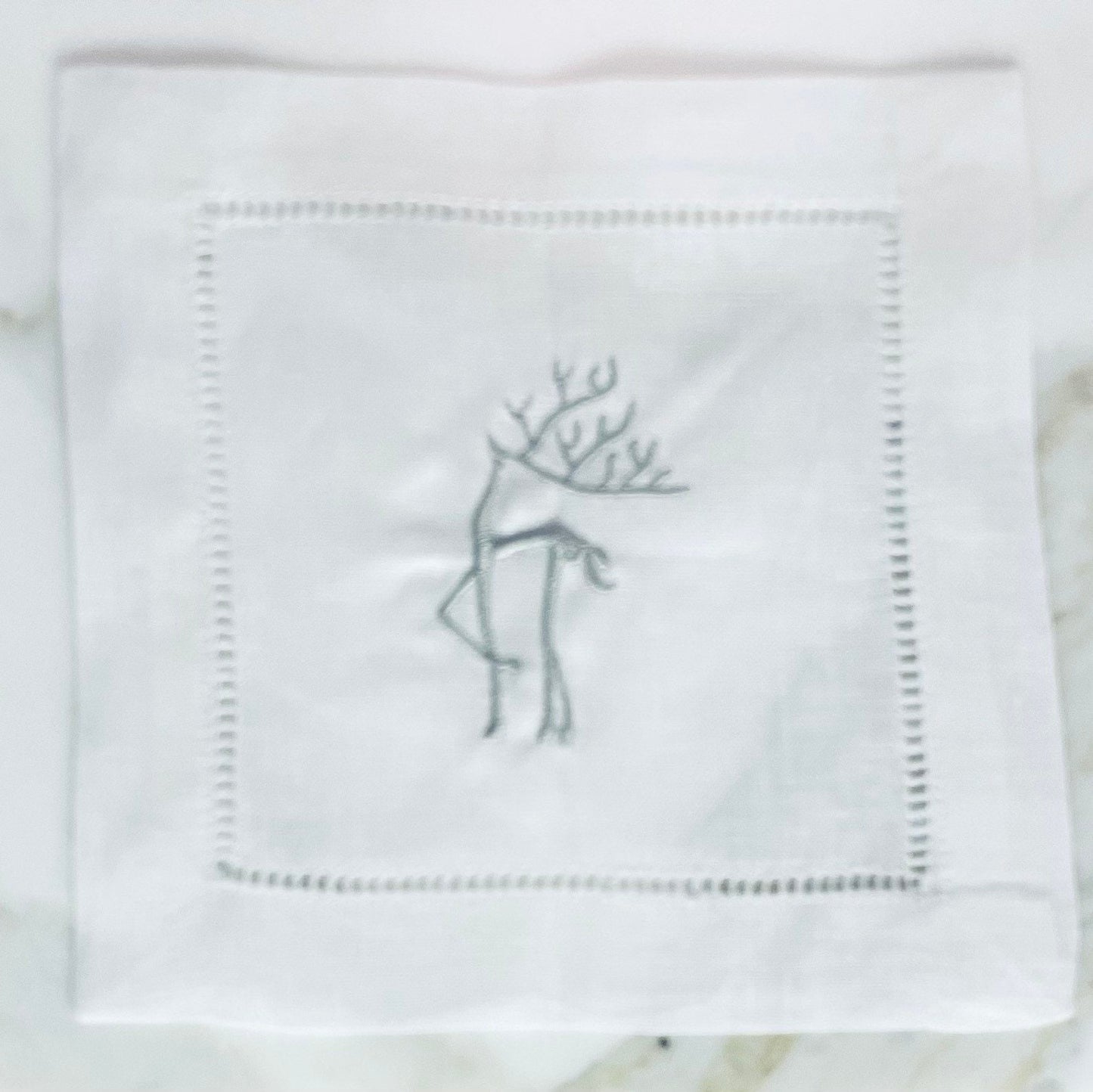 Linen Christmas Raindeer Embroider Cocktail Napkin | Set of 4 | Hostess Gift | Cloth Coaster | Elegant Home Décor | Bar Cart | Table Setting