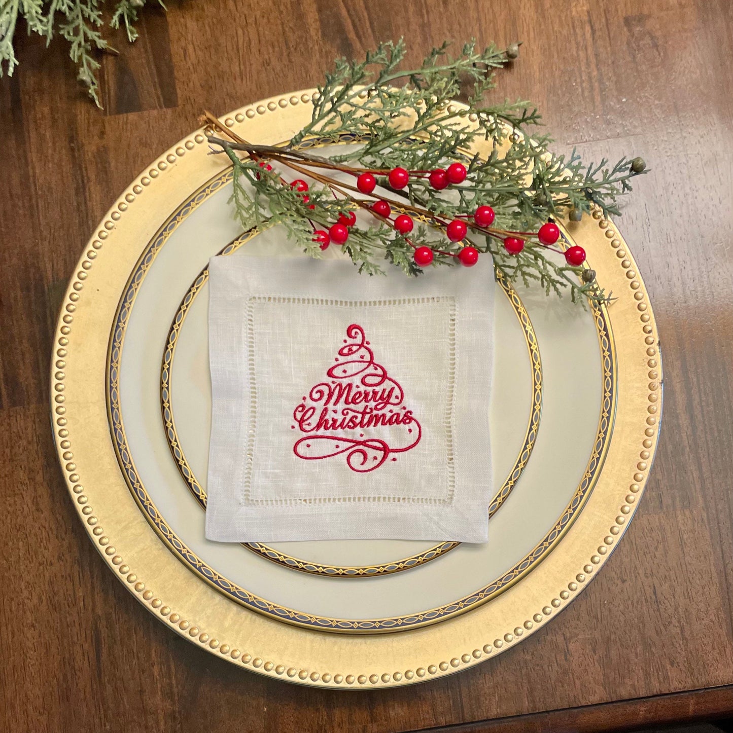 Linen Christmas Tree Embroidered Cocktail Napkin | Set of 4 | Hostess Gift | Cloth Coaster | Elegant Home Décor | Bar Cart | Table Setting