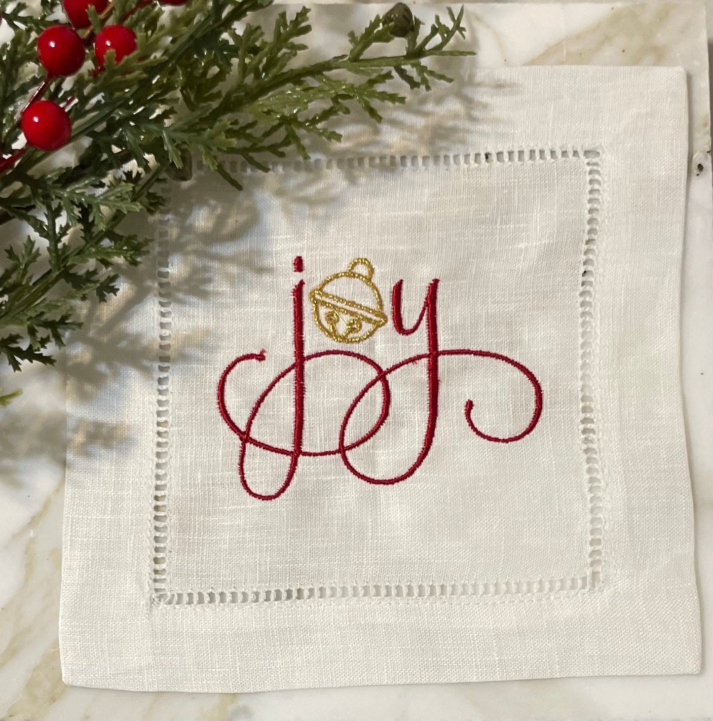 Linen Christmas Joy Embroidered Cocktail Napkin | Set of 4 | Hostess Gift | Cloth Coaster | Elegant Home Décor | Bar Cart | Table Setting