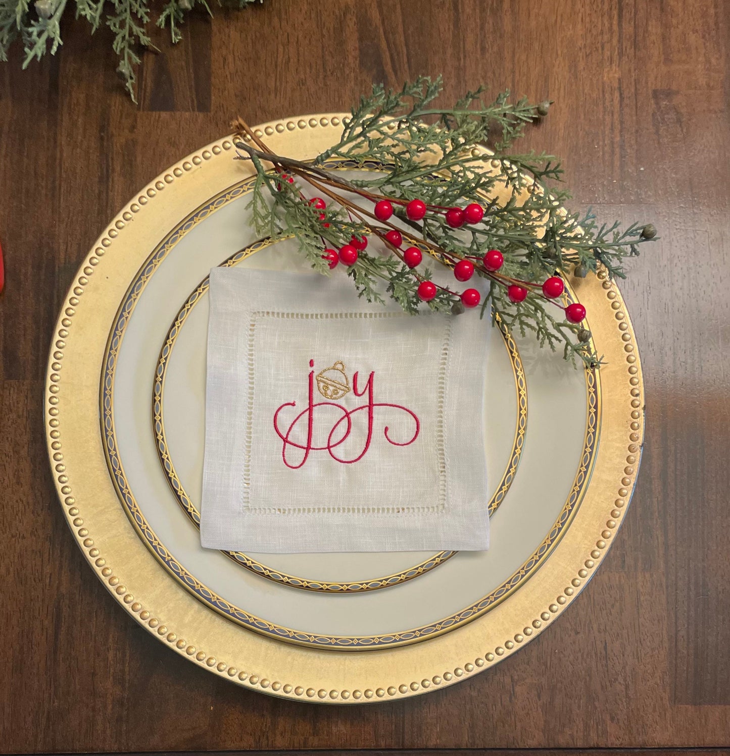 Linen Christmas Joy Embroidered Cocktail Napkin | Set of 4 | Hostess Gift | Cloth Coaster | Elegant Home Décor | Bar Cart | Table Setting