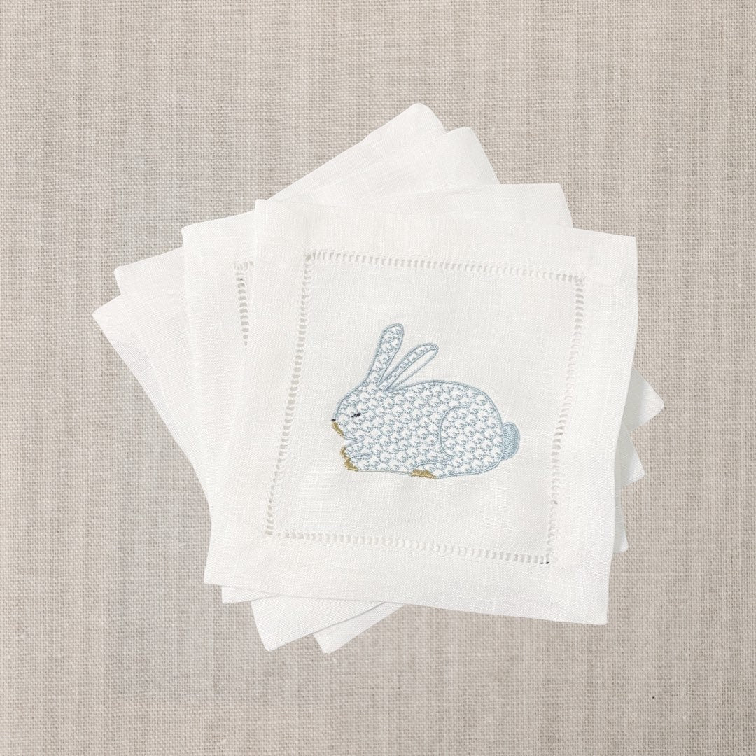 Linen Rabbit Bunny Embroidered Cocktail Napkin | Set of 4 | Hostess Gift | Cloth Coaster | Elegant Home Décor | Bar Cart | Table Setting