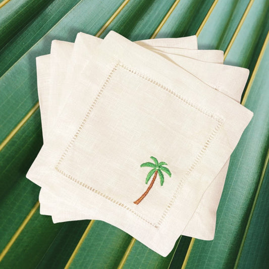 Linen Tropical Palm Embroidered Napkin | Set of 4 | Hostess Gift | Cloth Coaster | Elegant Home Décor | Bar Cart | Table Setting