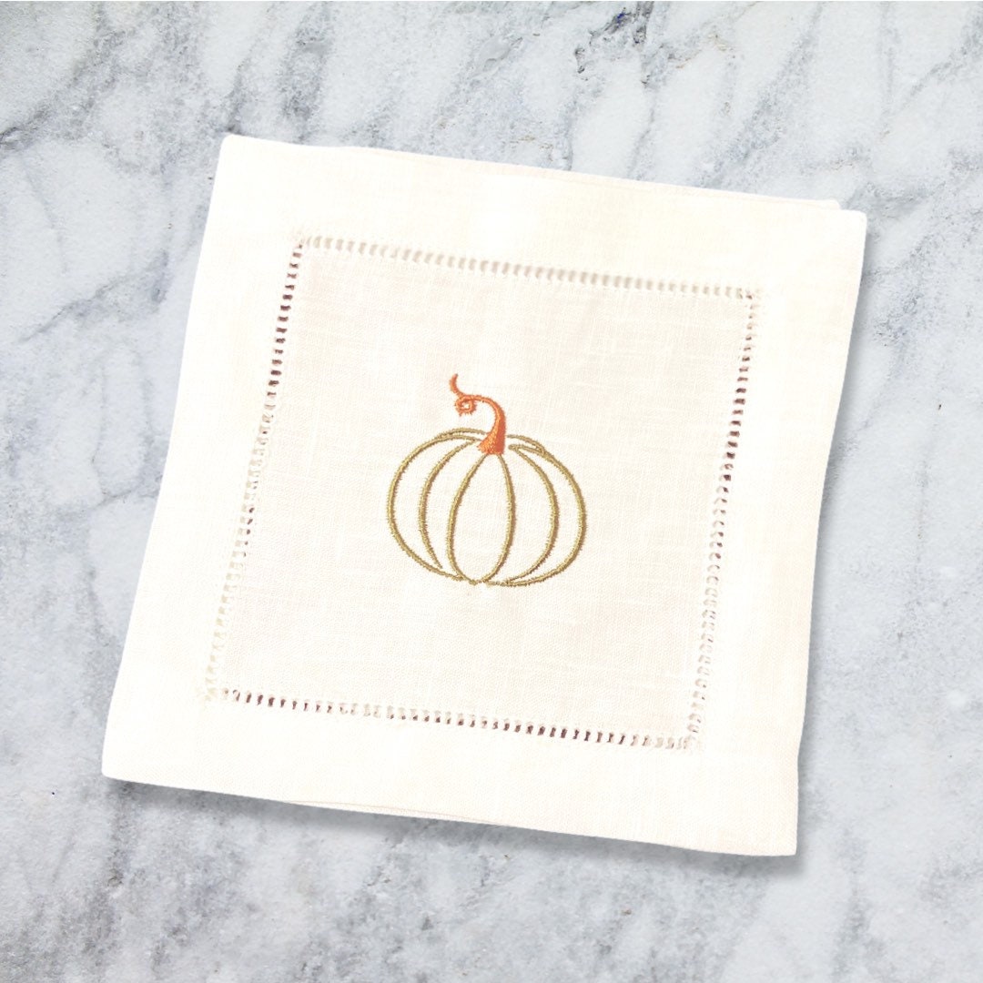 Linen Thanksgiving Embroidered Cocktail Napkin | Set of 4 | Hostess Gift | Cloth Coaster | Elegant Home Décor | Bar Cart | Table Setting