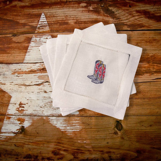 Linen Cowboy Boots Embroidered Cocktail Napkin | Set of 4 | Hostess Gift | Cloth Coaster | Elegant Home Décor | Bar Cart | Table Setting