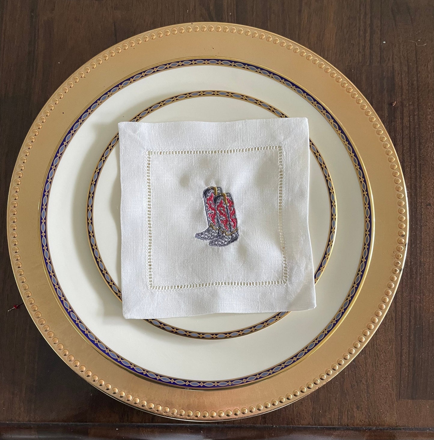 Linen Cowboy Boots Embroidered Cocktail Napkin | Set of 4 | Hostess Gift | Cloth Coaster | Elegant Home Décor | Bar Cart | Table Setting