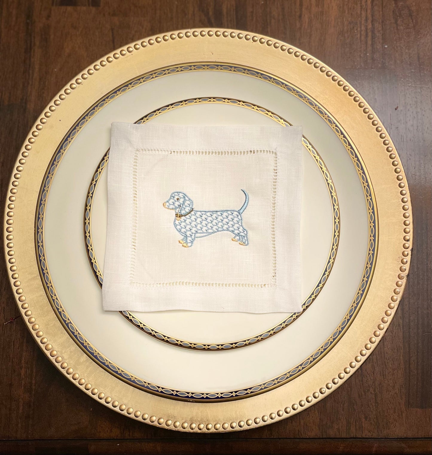 Linen Dachshund Dog Embroidered Cocktail Napkin | Set of 4 | Hostess Gift | Cloth Coaster | Elegant Home Décor | Bar Cart | Table Setting