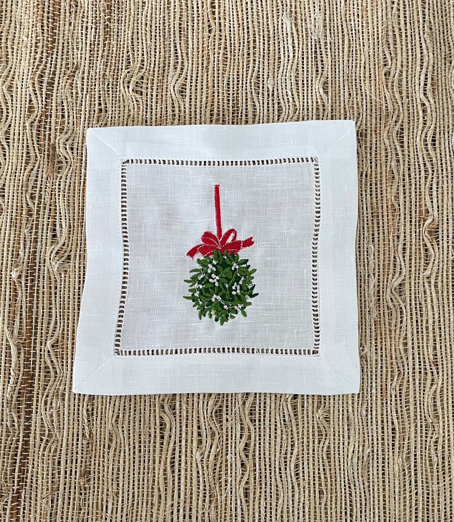 Linen Christmas Mistletoe Embroidered Cocktail Napkin | Set of 4 | Hostess Gift |Coaster | Elegant Home Décor | Bar Cart | Table Setting