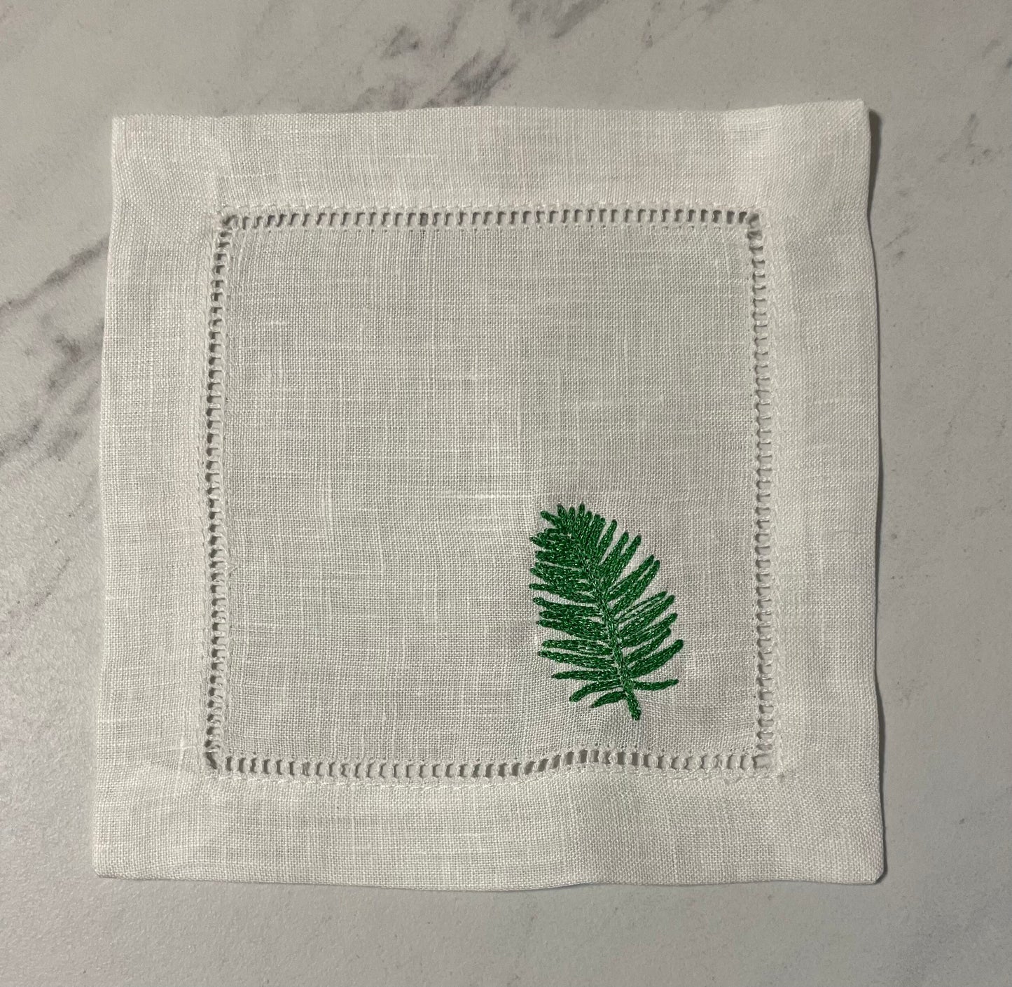 Linen Embroidered Tropical Cocktail Napkin | Set of 4 | Hostess Gift | Cloth Coaster | Elegant Home Décor | Bar Cart | Monstera Palm Leaf