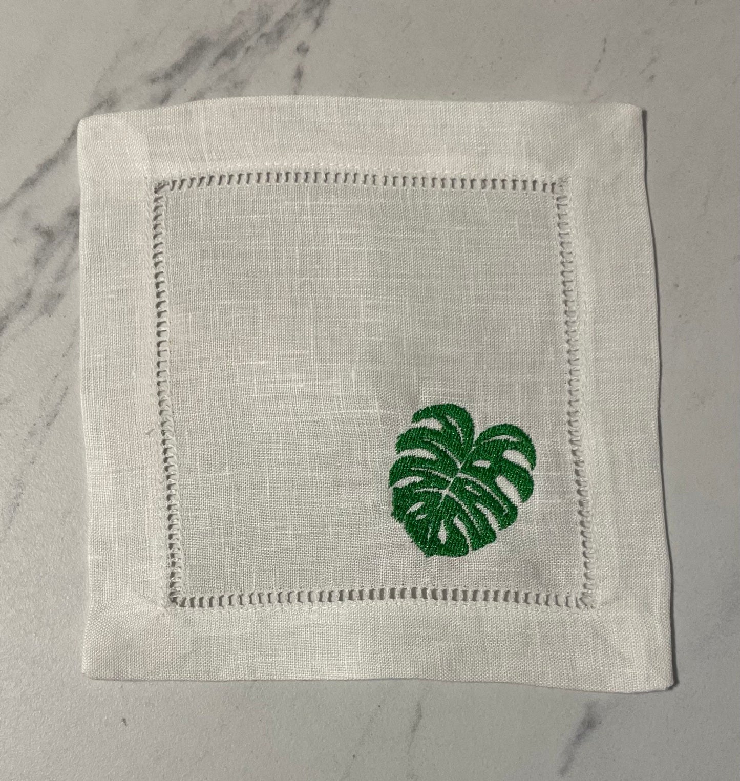 Linen Embroidered Tropical Cocktail Napkin | Set of 4 | Hostess Gift | Cloth Coaster | Elegant Home Décor | Bar Cart | Monstera Palm Leaf