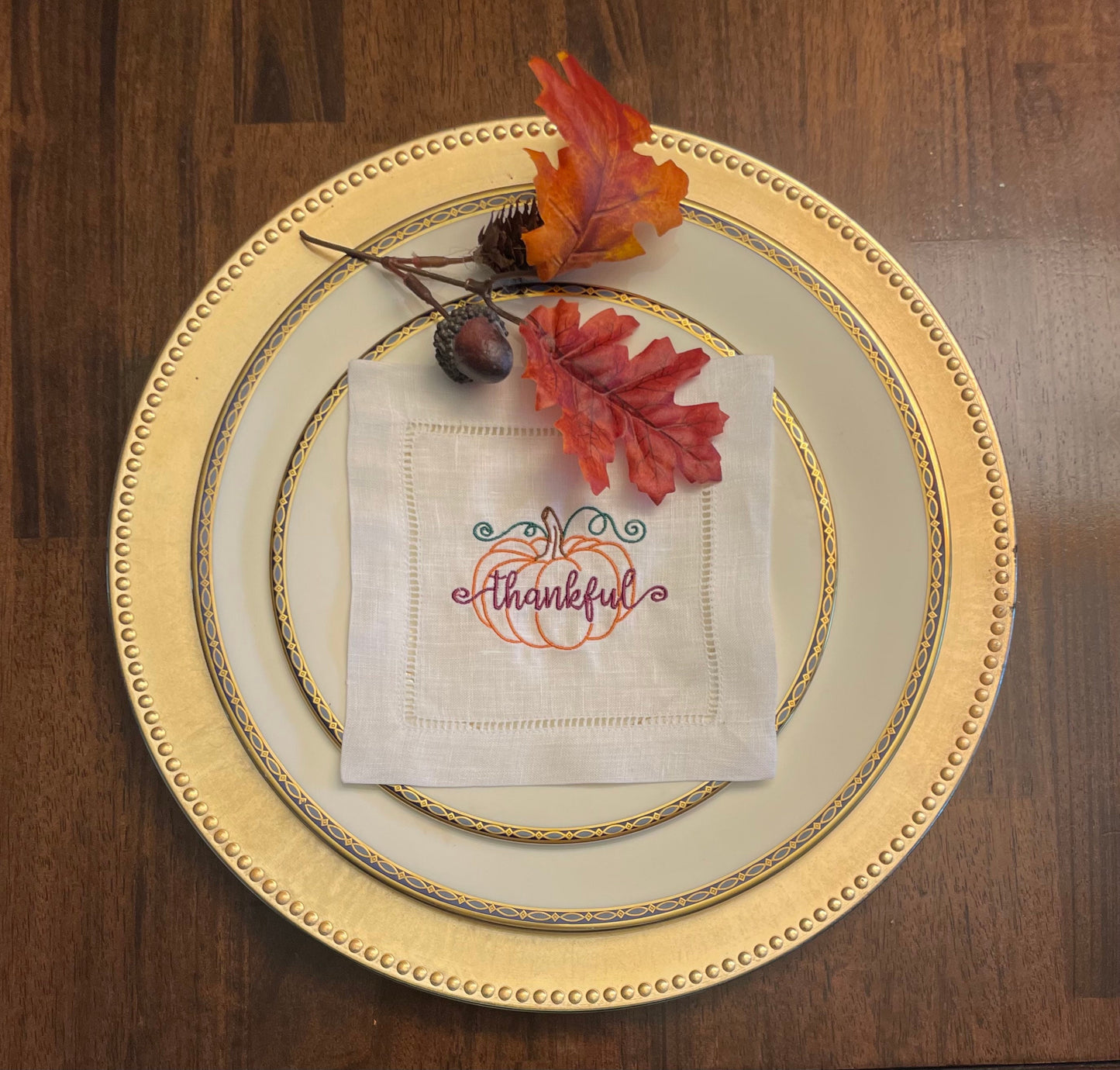 Thanksgiving Embroidered Linen Beverage Cocktail Napkins | Set of 4 | Hostess Gift | Home Décor | Cloth Napkin  | Bar Cart | Table Setting