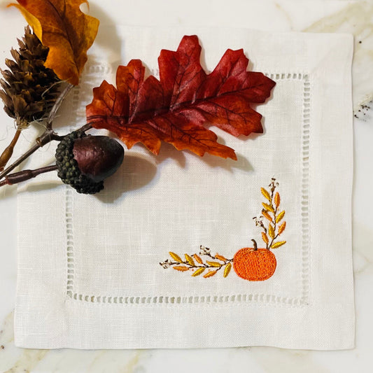 Embroidered Thanksgiving Linen Embroidered Cocktail Napkins | Set of 4 | Hostess Gift | Home Décor | Bar Cart | Table Setting  Wedding Gift