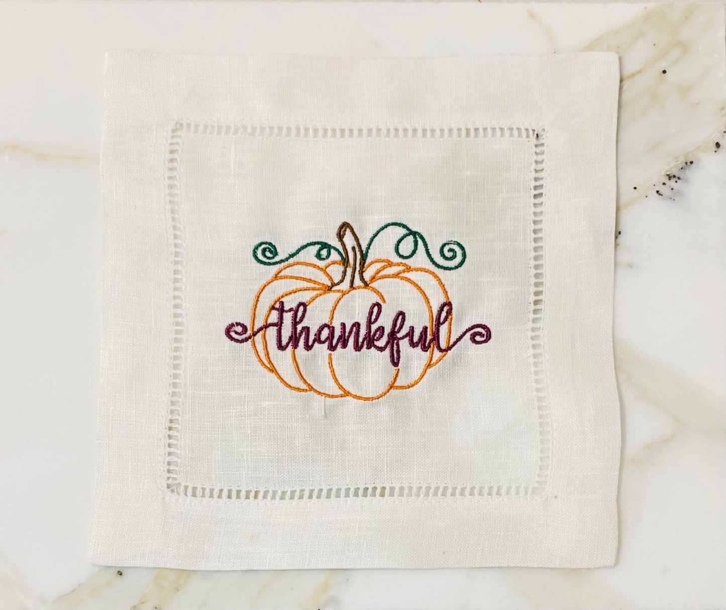 Thanksgiving Embroidered Linen Beverage Cocktail Napkins | Set of 4 | Hostess Gift | Home Décor | Cloth Napkin  | Bar Cart | Table Setting