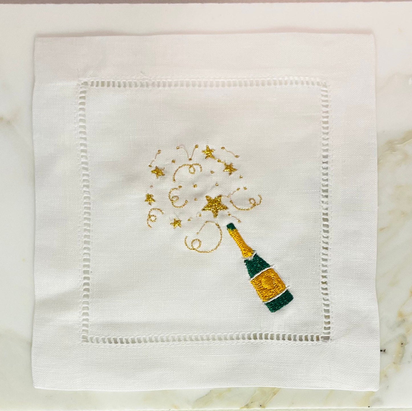 Linen Champagne Bottle Embroidered Cocktail Napkin | Set of 4 | Hostess Gift | Cloth Coaster | Elegant Home Décor | Bar Cart | Table Setting