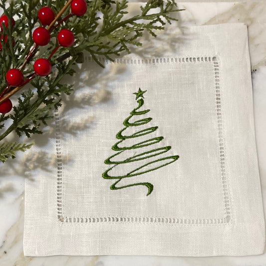 Linen Christmas Tree Embroidered Cocktail Napkin | Set of 4 | Hostess Gift | Cloth Coaster | Elegant Home Décor | Bar Cart | Table Setting