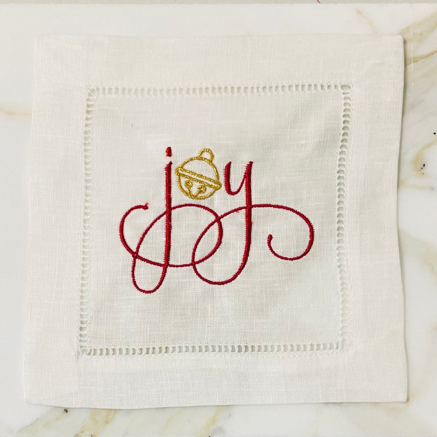 Linen Christmas Joy Embroidered Cocktail Napkin | Set of 4 | Hostess Gift | Cloth Coaster | Elegant Home Décor | Bar Cart | Table Setting