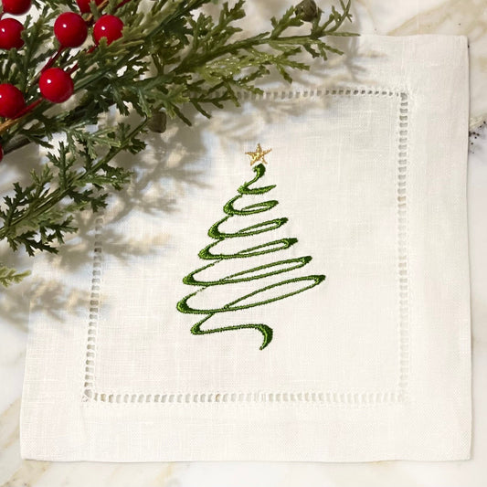 Linen Christmas Tree Embroidered Cocktail Napkin | Set of 4 | Hostess Gift | Cloth Coaster | Elegant Home Décor | Bar Cart | Table Setting