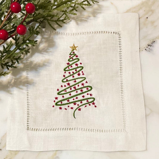 Christmas Tree Linen Embroidered Cocktail Napkin | Set of 4 | Hostess Gift | Cloth Coaster | Elegant Home Décor | Bar Cart | Table Setting