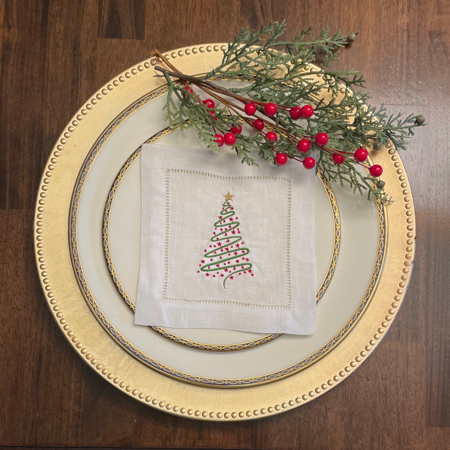 Christmas Tree Linen Embroidered Cocktail Napkin | Set of 4 | Hostess Gift | Cloth Coaster | Elegant Home Décor | Bar Cart | Table Setting