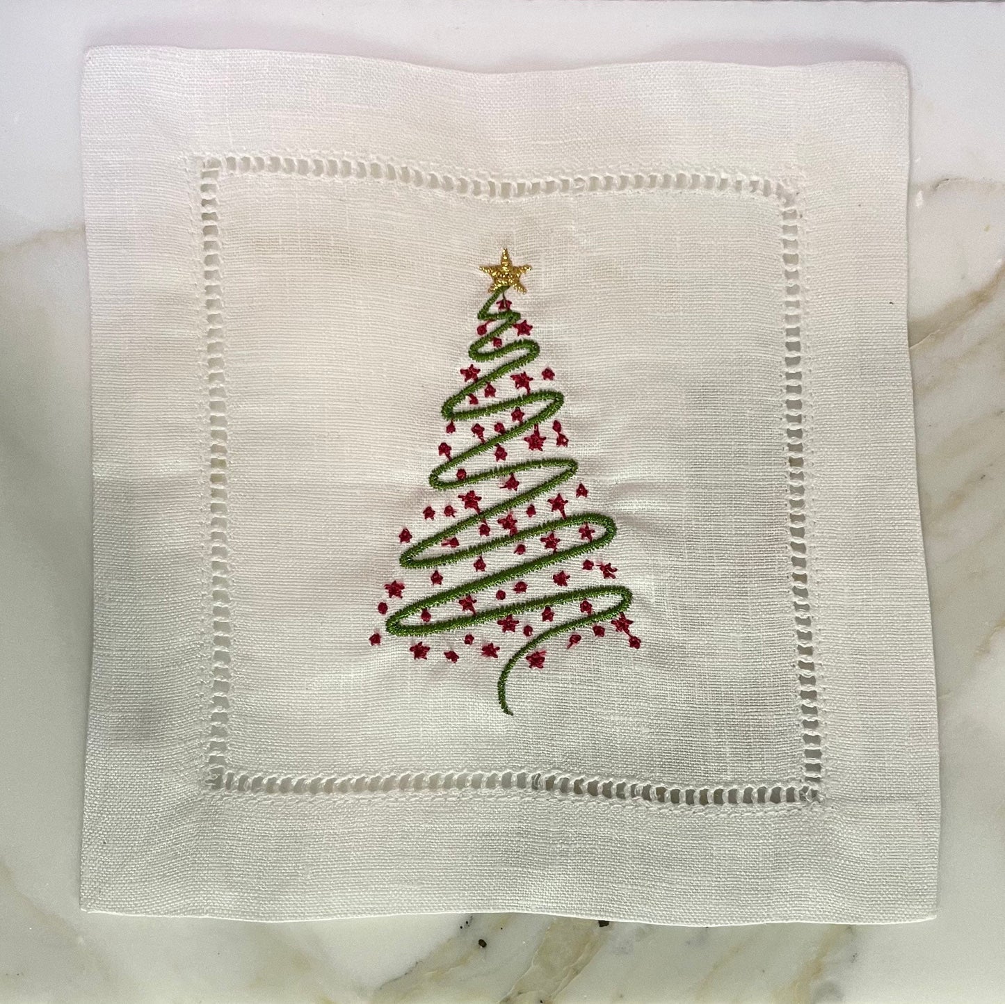 Christmas Tree Linen Embroidered Cocktail Napkin | Set of 4 | Hostess Gift | Cloth Coaster | Elegant Home Décor | Bar Cart | Table Setting