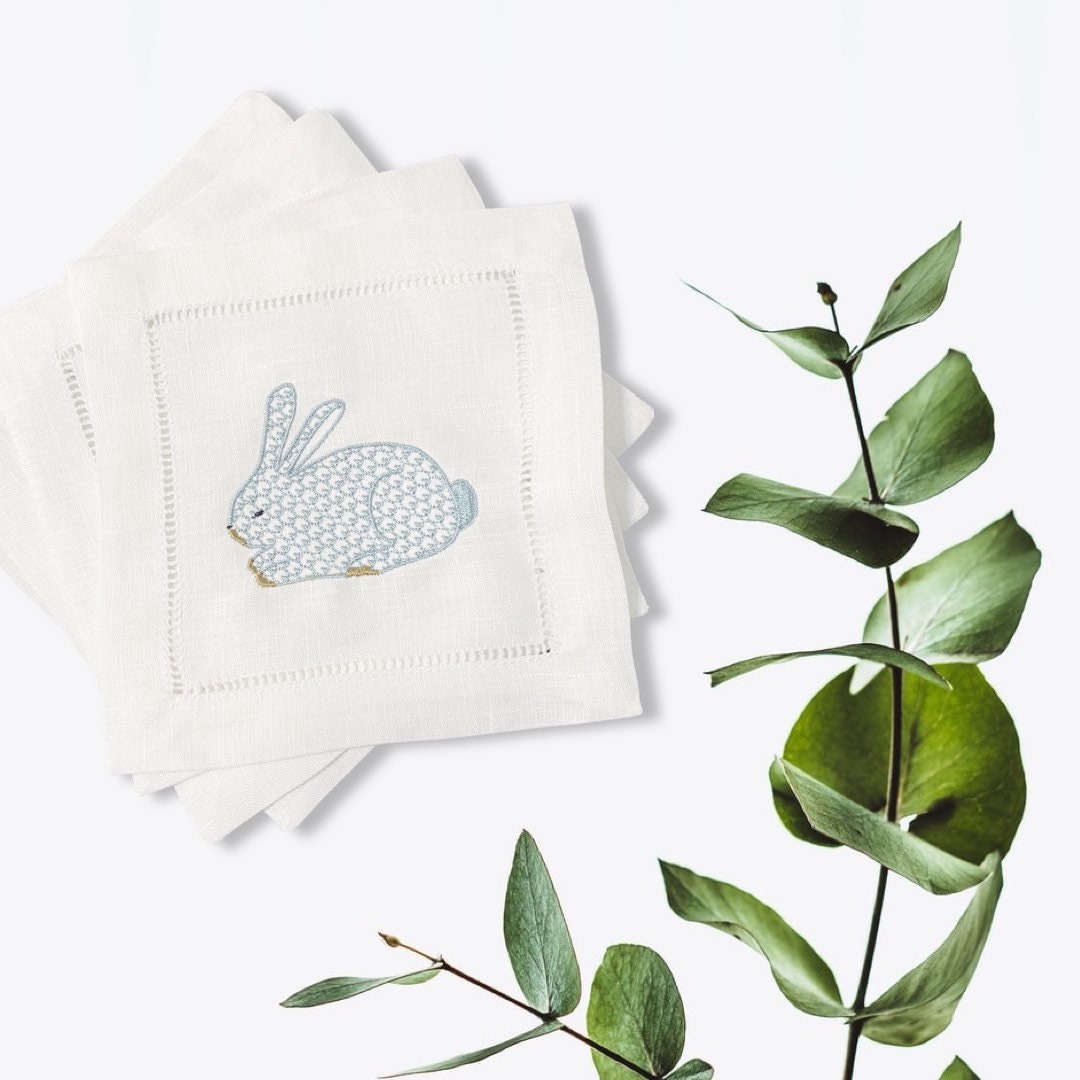 Linen Rabbit Bunny Embroidered Cocktail Napkin | Set of 4 | Hostess Gift | Cloth Coaster | Elegant Home Décor | Bar Cart | Table Setting