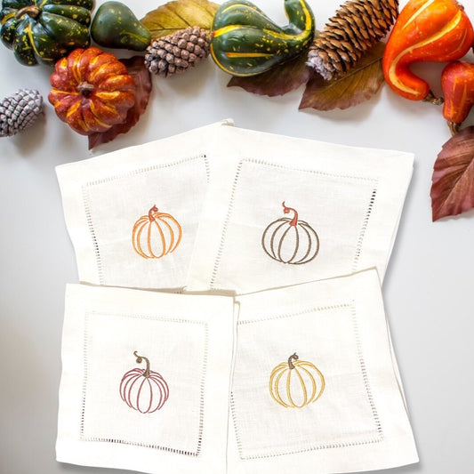 Linen Thanksgiving Embroidered Cocktail Napkin | Set of 4 | Hostess Gift | Cloth Coaster | Elegant Home Décor | Bar Cart | Table Setting