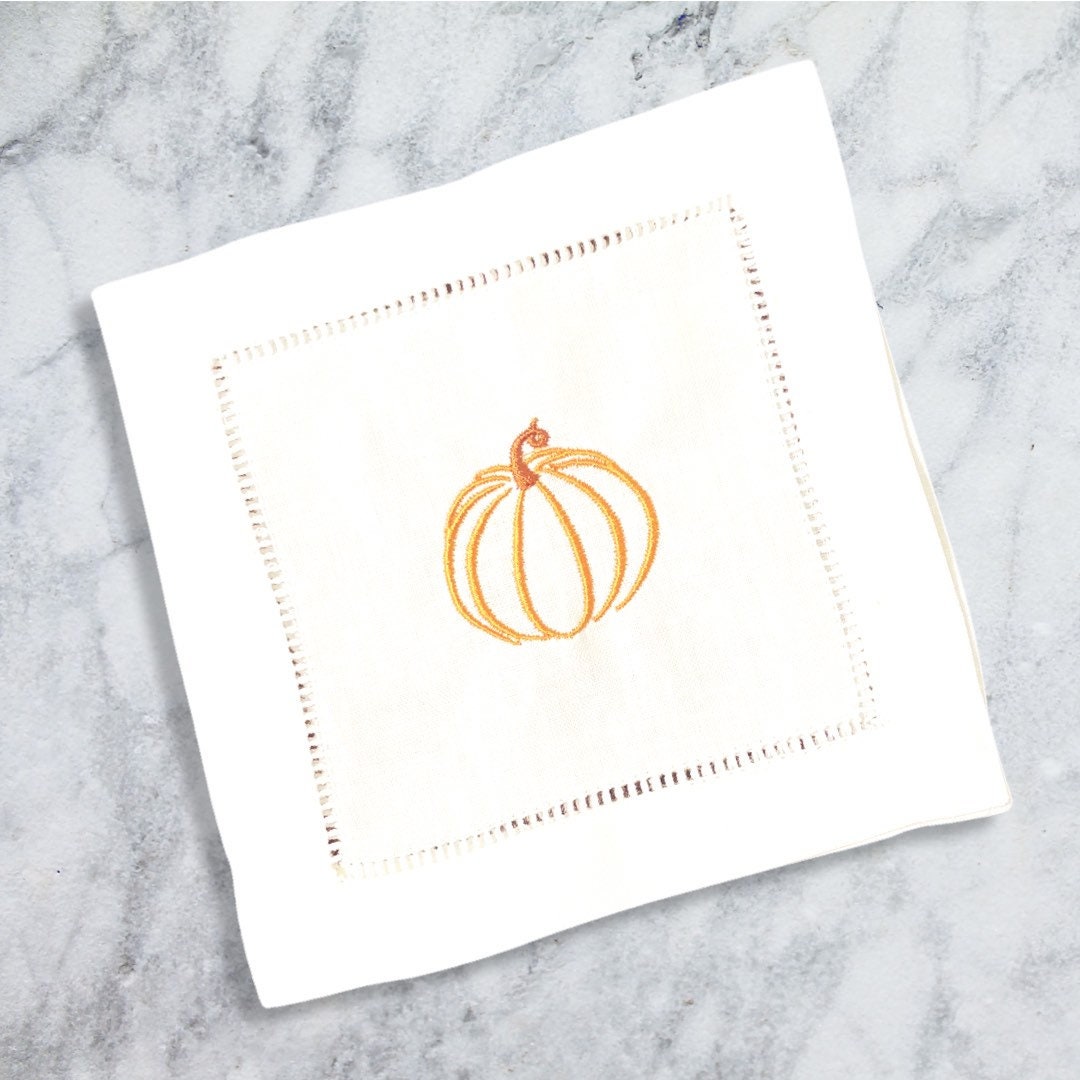 Linen Thanksgiving Embroidered Cocktail Napkin | Set of 4 | Hostess Gift | Cloth Coaster | Elegant Home Décor | Bar Cart | Table Setting