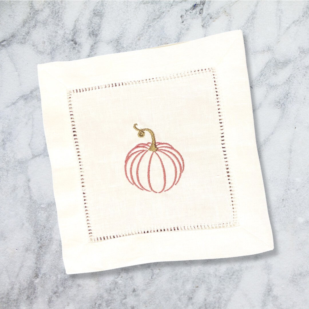 Linen Thanksgiving Embroidered Cocktail Napkin | Set of 4 | Hostess Gift | Cloth Coaster | Elegant Home Décor | Bar Cart | Table Setting