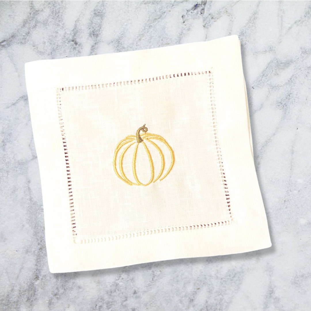 Linen Thanksgiving Embroidered Cocktail Napkin | Set of 4 | Hostess Gift | Cloth Coaster | Elegant Home Décor | Bar Cart | Table Setting