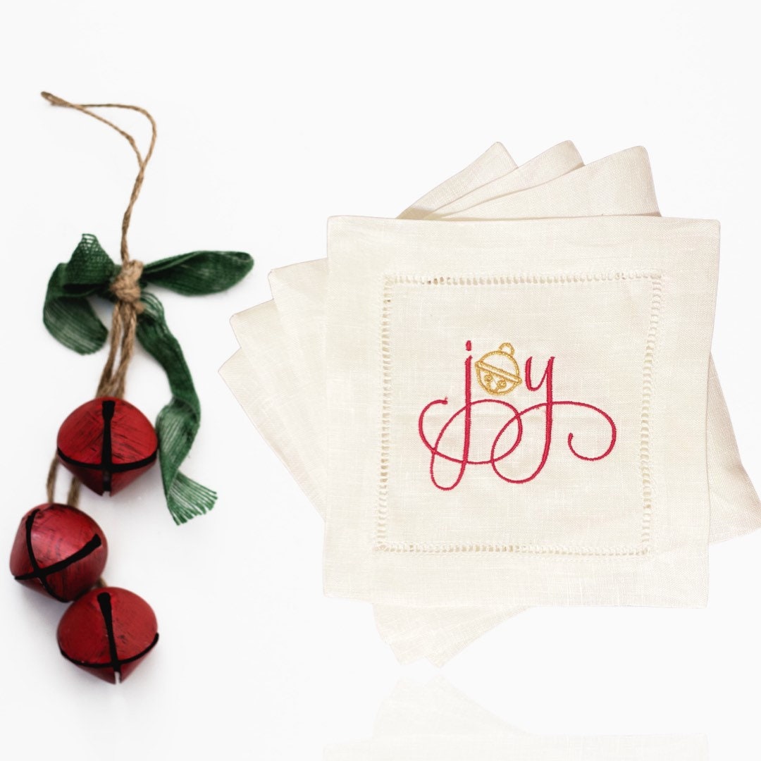 Linen Christmas Joy Embroidered Cocktail Napkin | Set of 4 | Hostess Gift | Cloth Coaster | Elegant Home Décor | Bar Cart | Table Setting