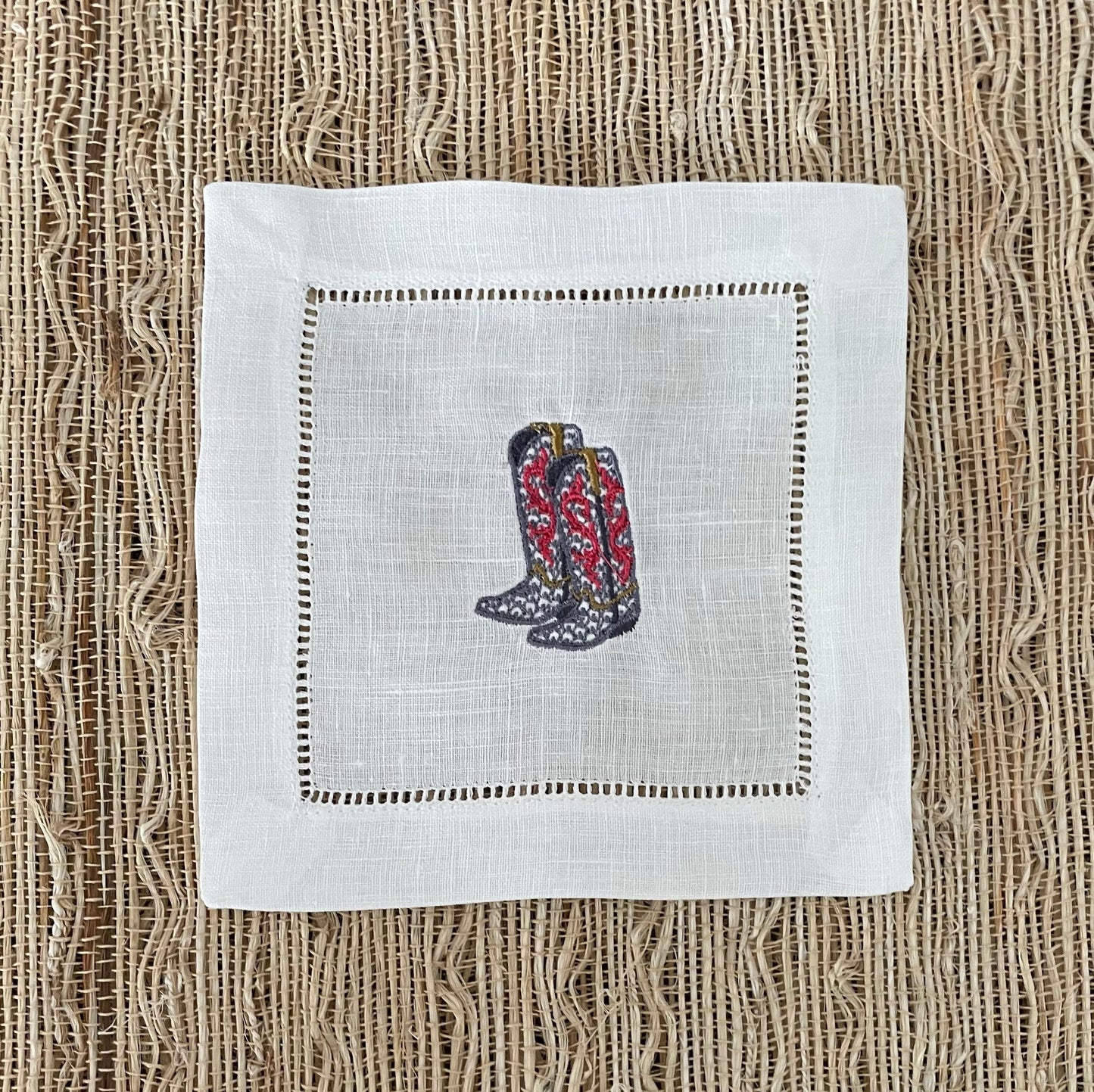 Linen Cowboy Boots Embroidered Cocktail Napkin | Set of 4 | Hostess Gift | Cloth Coaster | Elegant Home Décor | Bar Cart | Table Setting