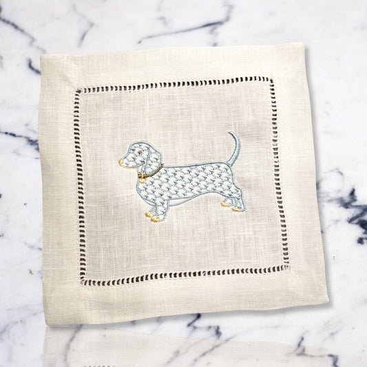 Linen Dachshund Dog Embroidered Cocktail Napkin | Set of 4 | Hostess Gift | Cloth Coaster | Elegant Home Décor | Bar Cart | Table Setting