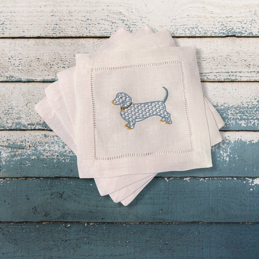 Linen Dachshund Dog Embroidered Cocktail Napkin | Set of 4 | Hostess Gift | Cloth Coaster | Elegant Home Décor | Bar Cart | Table Setting