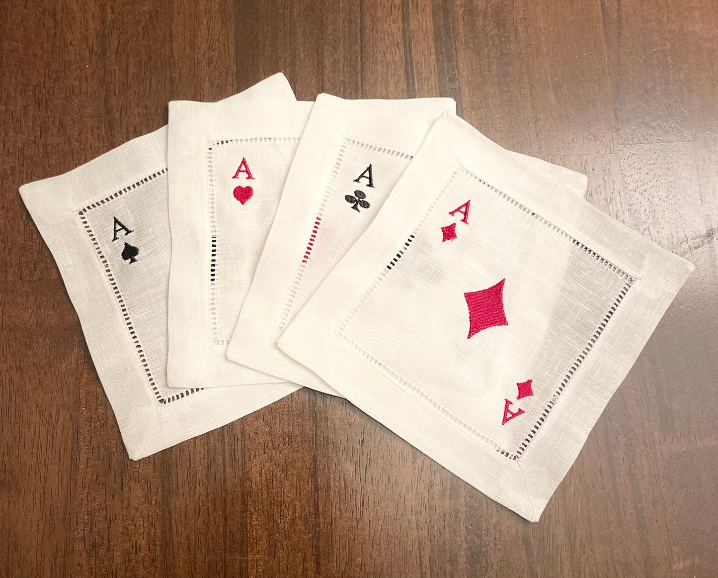 Linen Deck Of Cards Embroidered Cocktail Napkin | Set of 4 | Hostess Gift |Poker Coaster | Elegant Home Décor | Bar Cart | Table Setting