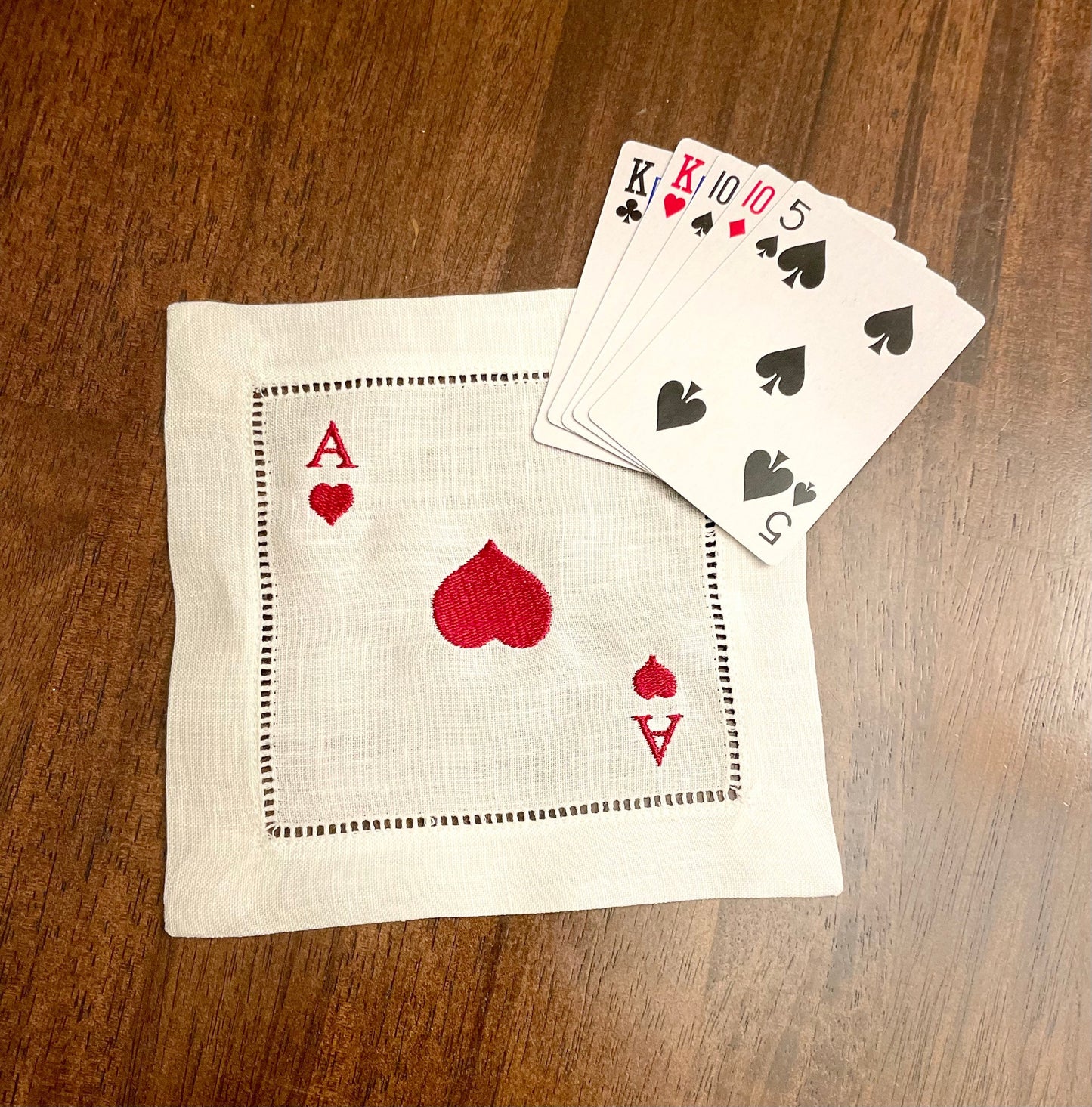 Linen Deck Of Cards Embroidered Cocktail Napkin | Set of 4 | Hostess Gift |Poker Coaster | Elegant Home Décor | Bar Cart | Table Setting