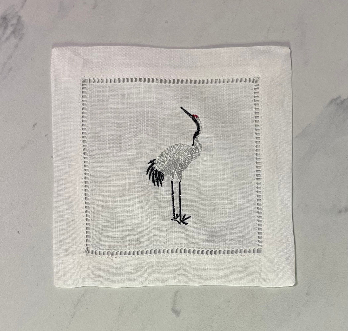 Crane Linen Embroidered Cocktail Napkin | Set of 4 | Hostess Gift | Cloth Coaster | Elegant Home Décor | Bar Cart | Table Setting