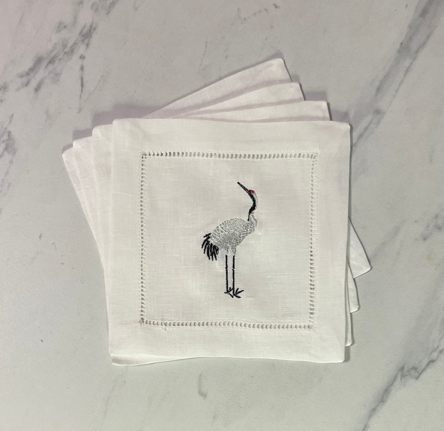 Crane Linen Embroidered Cocktail Napkin | Set of 4 | Hostess Gift | Cloth Coaster | Elegant Home Décor | Bar Cart | Table Setting