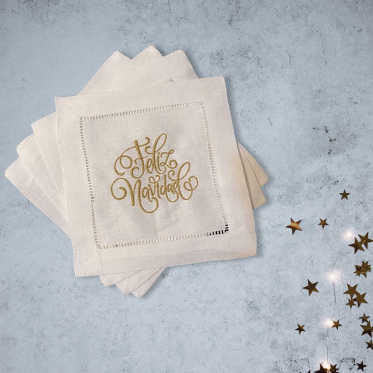 Linen Feliz Navidad Embroidered Cocktail Napkin | Set of 4 | Hostess Gift | Cloth Coaster | Elegant Home Décor | Bar Cart | Table Setting