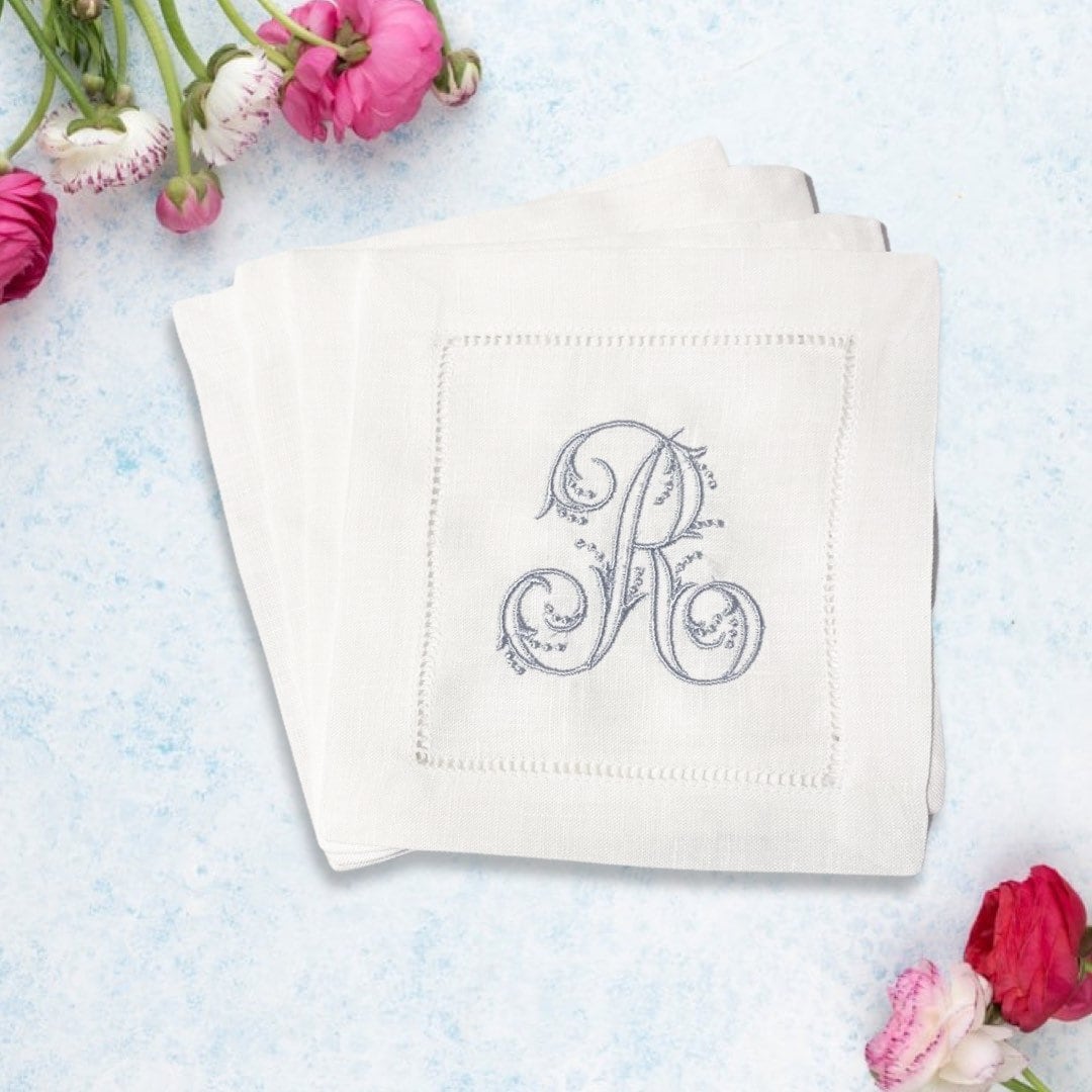 Personalized Monogrammed Embroidered Cocktail Napkin | Set of 4 | Hostess Gift | Cloth Coaster | Elegant Home Décor | Bar Cart