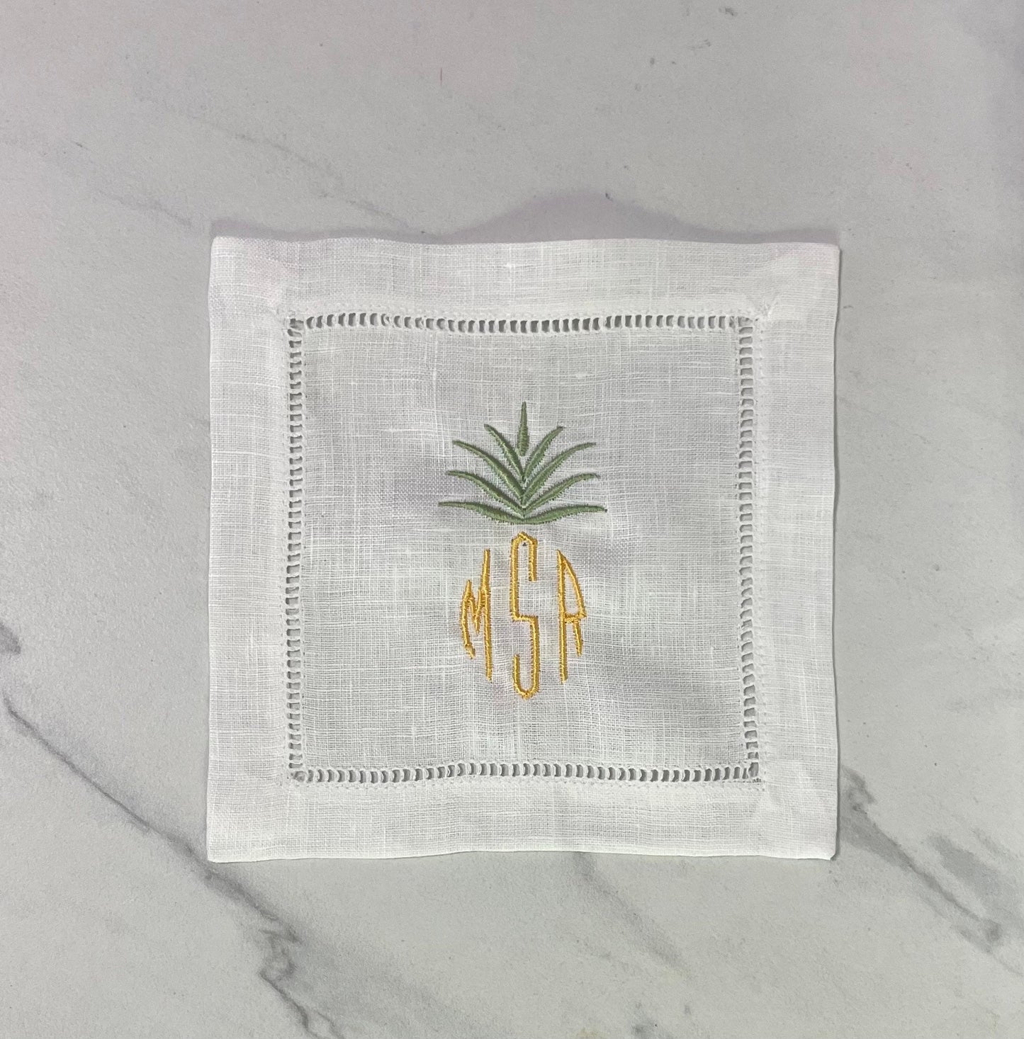 Personalized Monogram Pineapple Embroidered Cocktail Napkin | Set of 4 | Hostess Gift | Elegant Home Décor | Bar Cart | Table Setting