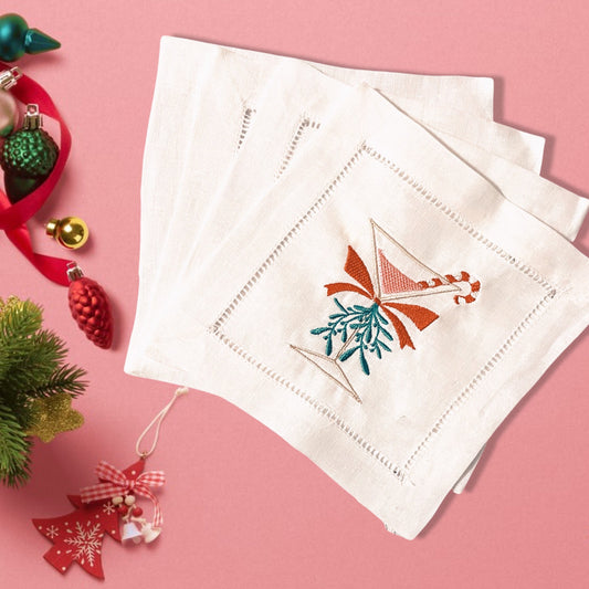 Martini And Mistletoe Linen Embroidered Cocktail Napkin | Set of 4 | Hostess Gift |Elegant Home Décor | Bar Cart | Table Setting