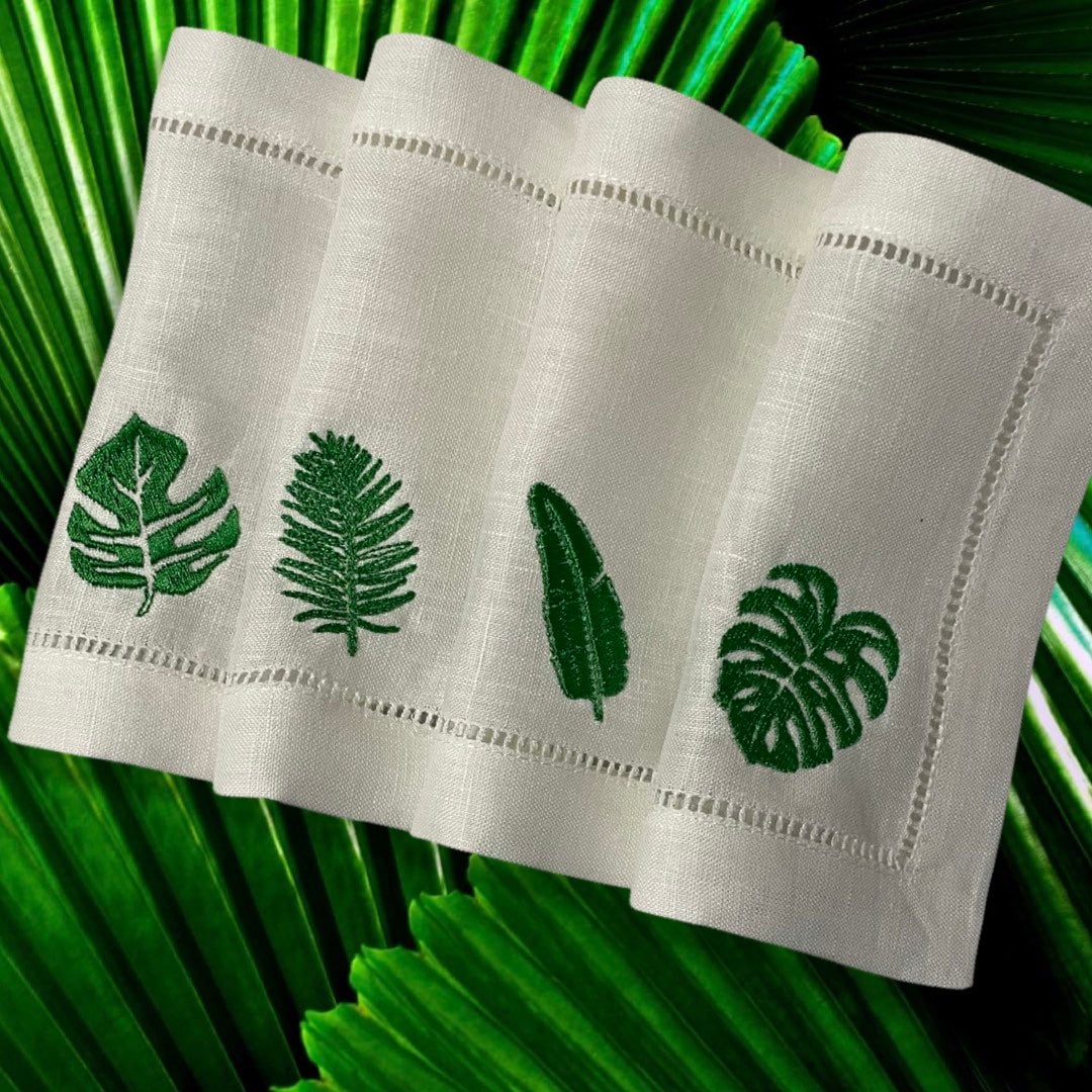 Linen Embroidered Tropical Cocktail Napkin | Set of 4 | Hostess Gift | Cloth Coaster | Elegant Home Décor | Bar Cart | Monstera Palm Leaf