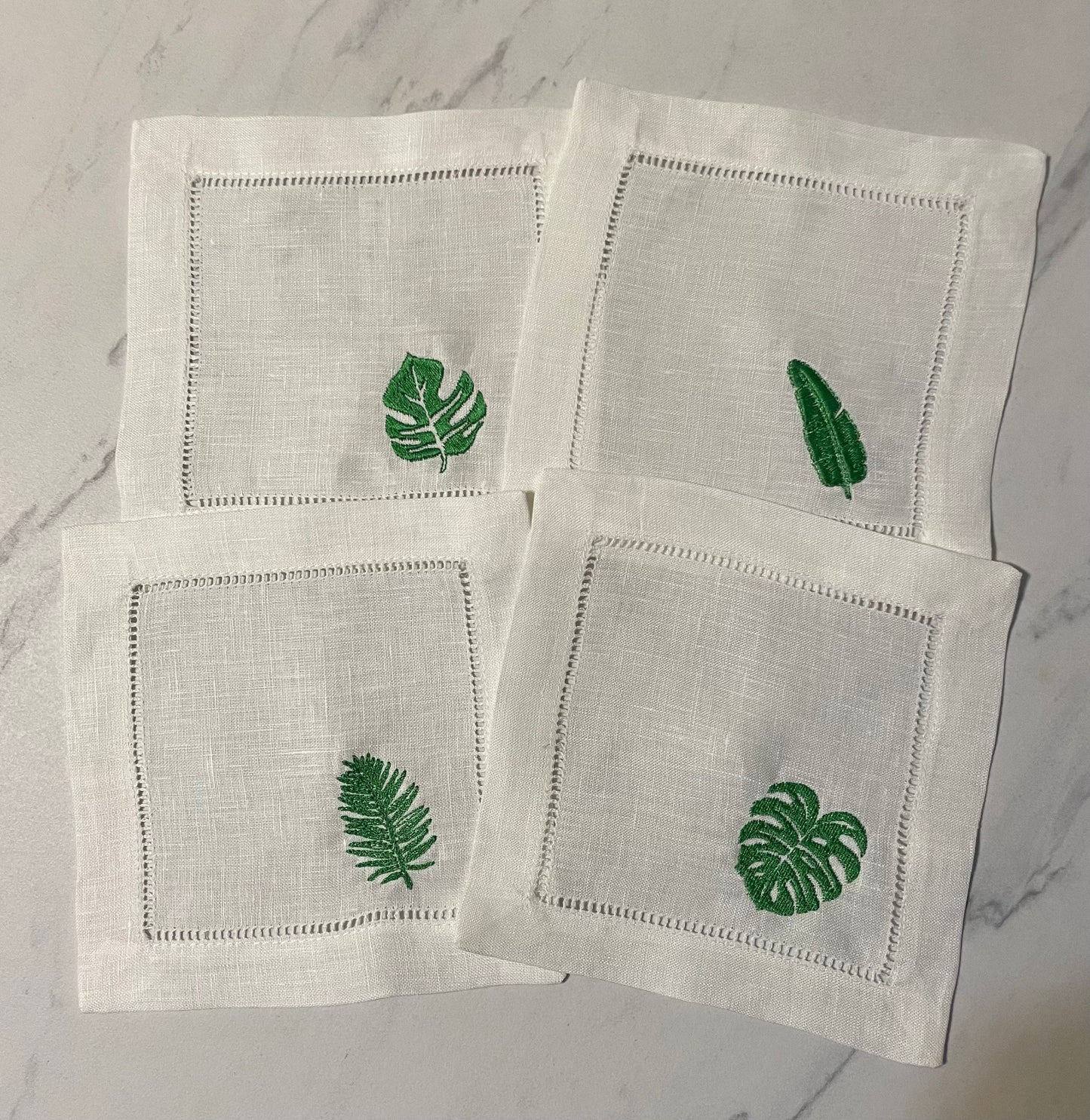 Linen Embroidered Tropical Cocktail Napkin | Set of 4 | Hostess Gift | Cloth Coaster | Elegant Home Décor | Bar Cart | Monstera Palm Leaf