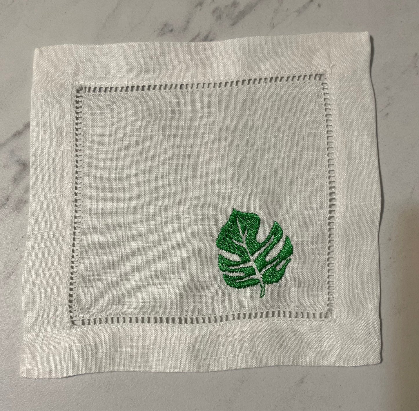 Linen Embroidered Tropical Cocktail Napkin | Set of 4 | Hostess Gift | Cloth Coaster | Elegant Home Décor | Bar Cart | Monstera Palm Leaf