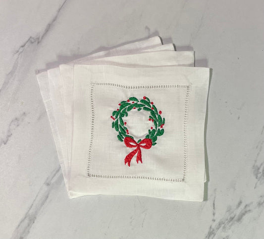 Linen Christmas Wreath Embroidered Cocktail Napkin | Set of 4 | Hostess Gift | Cloth Coaster | Elegant Home Décor | Bar Cart | Table Setting