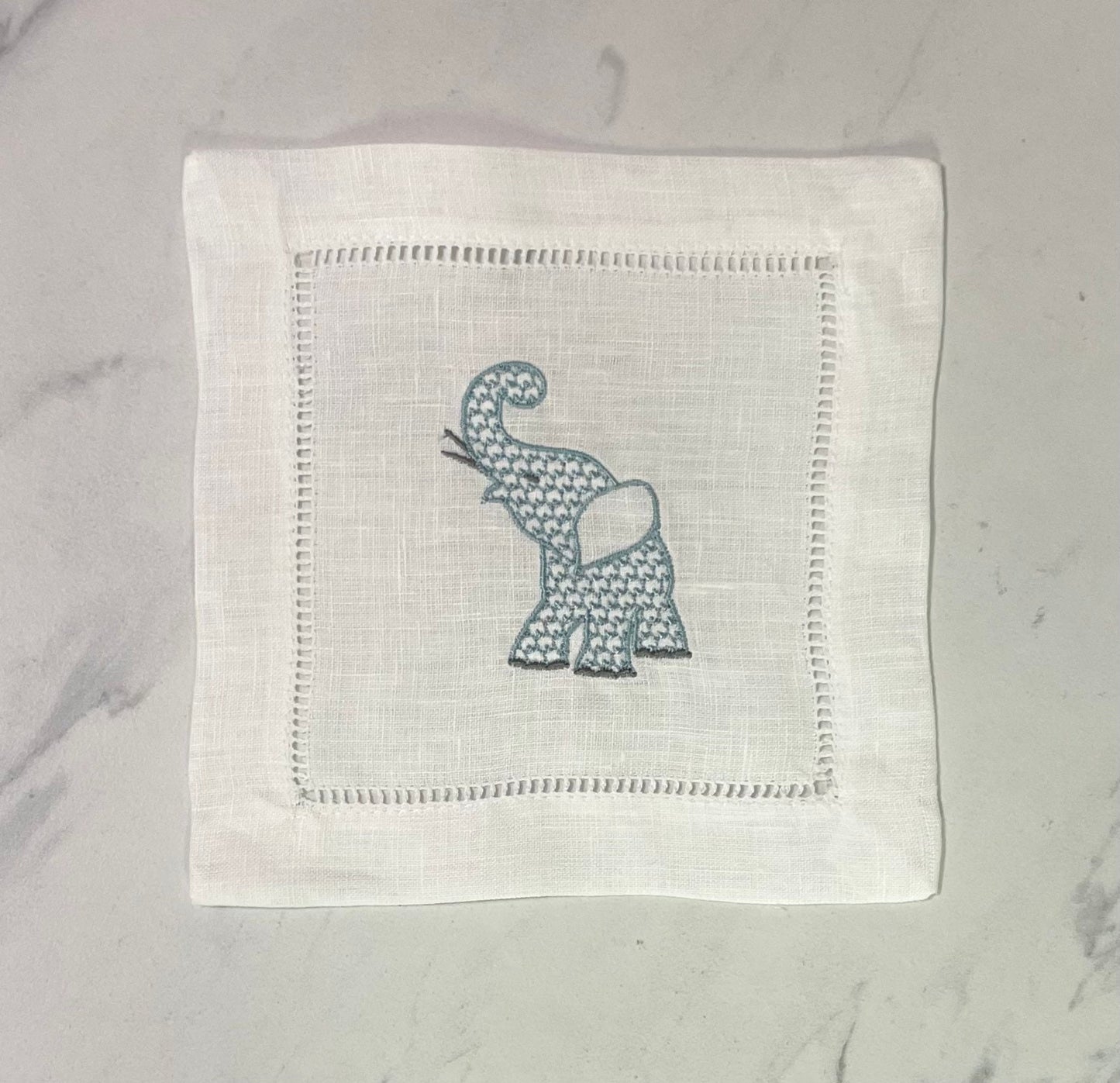 Linen Elephant Chinoiserie Embroidered Cocktail Napkin | Set of 4 | Hostess Gift | Cloth Coaster | Home Décor | Bar Cart | Table Setting