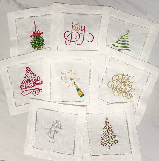 Xmas Assorted Linen Embroidered Cocktail Napkin | Set of 8 | Hostess Gift | Elegant Home Décor | Bar Cart | Table Setting