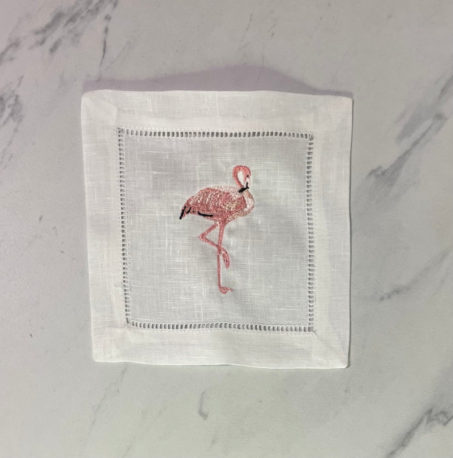 Flamingo Linen Embroidered Cocktail Napkin | Set of 4 | Hostess Gift | Cloth Coaster | Elegant Home Décor | Bar Cart | Table Setting