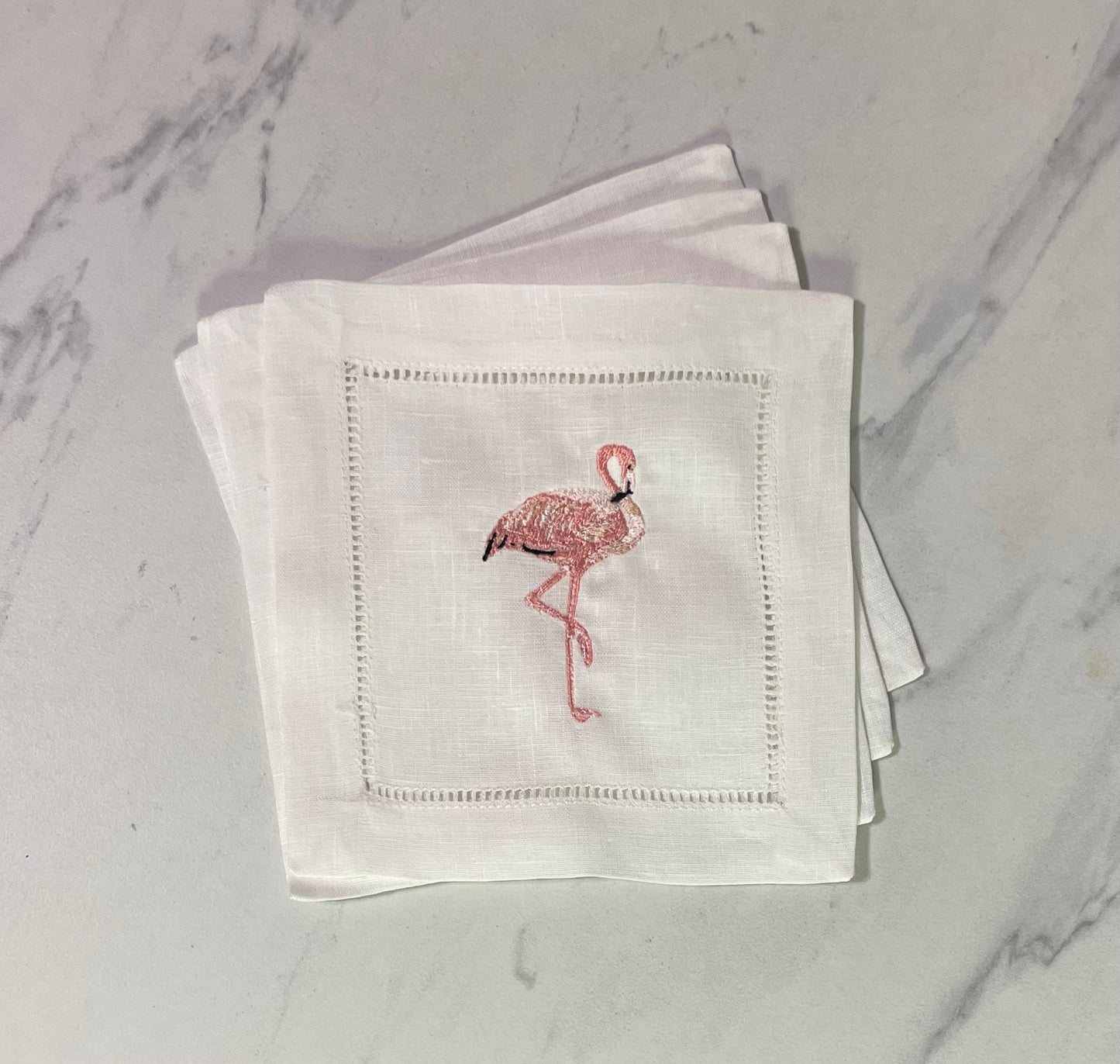 Flamingo Linen Embroidered Cocktail Napkin | Set of 4 | Hostess Gift | Cloth Coaster | Elegant Home Décor | Bar Cart | Table Setting